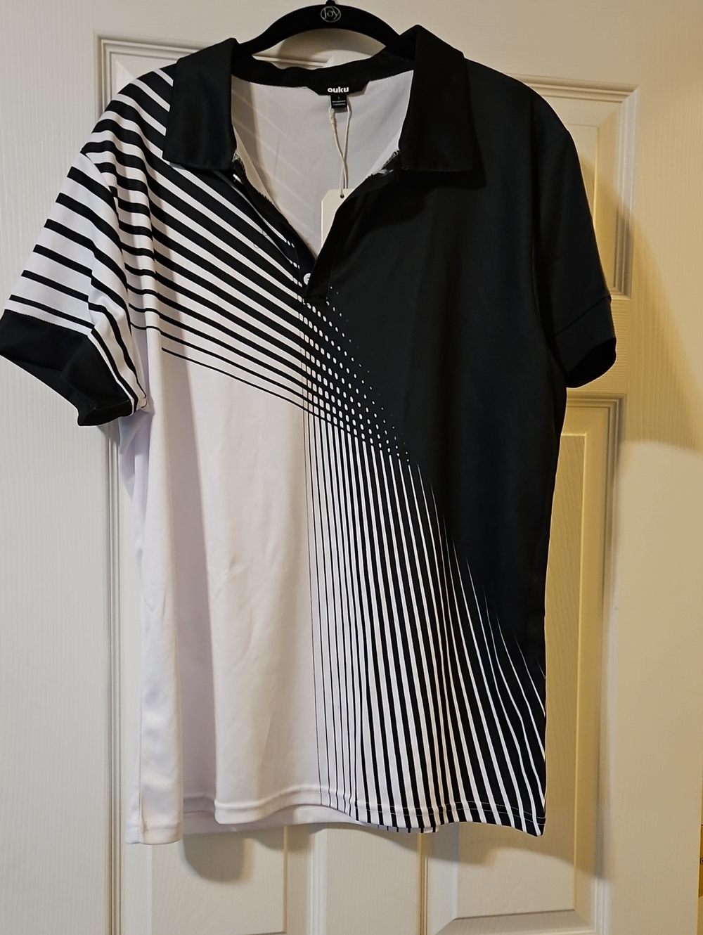 Men's Black & White Graphic Polo Shirt Size L
